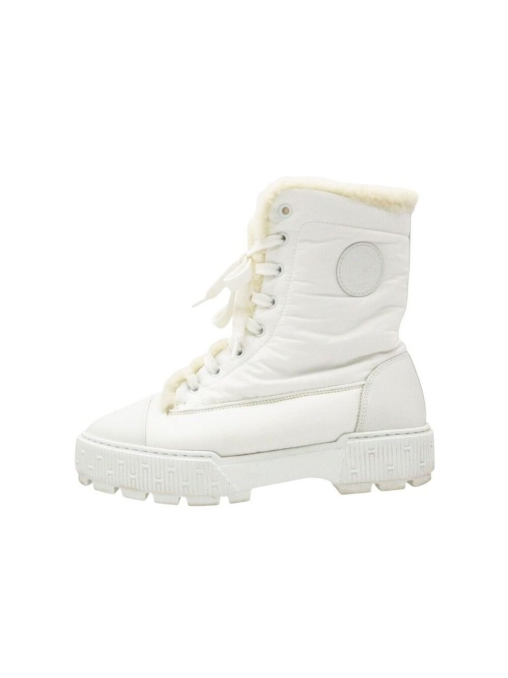 Hermes Boots Short Friendsshu Snow Nylon Fleece Button Patch Leather suup White